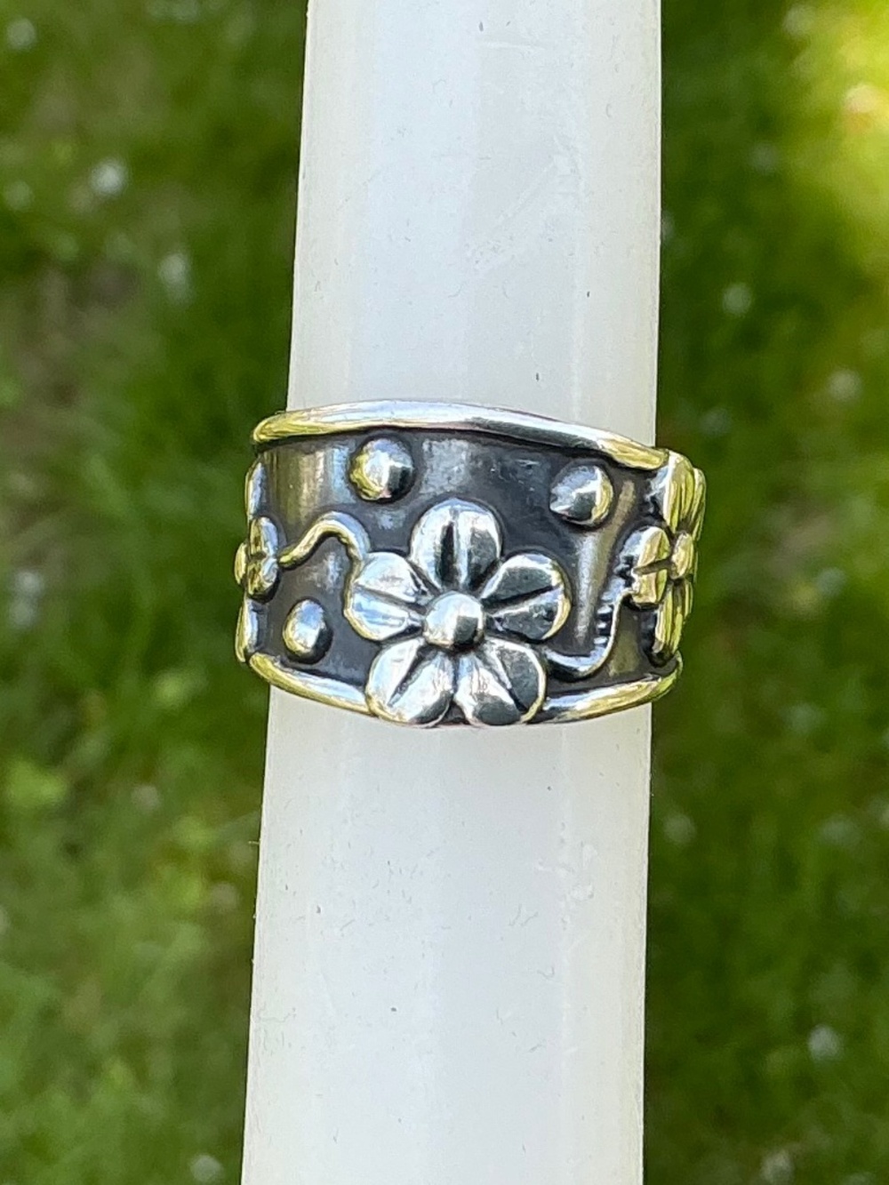 Vintage Mexico Sterling Silver Ring Signed Daisy Flower Band Oxidized Design - Picture 2 of 16